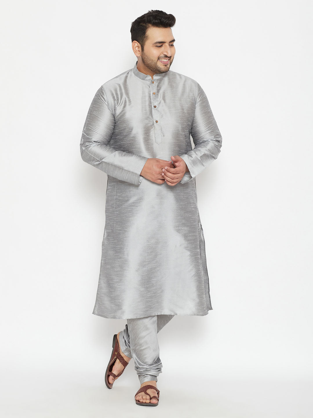 Men's Plus Grey Silk Blend Kurta Pyjama Set - Vastramay