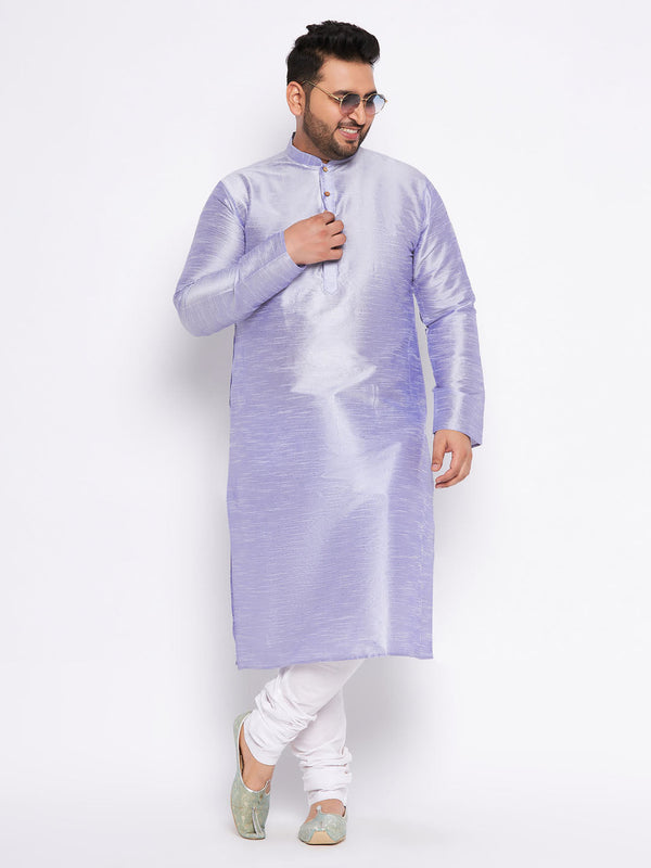 Jashvi Men's Plus Size Lavender Silk Blend Kurta And White Pyjama Set