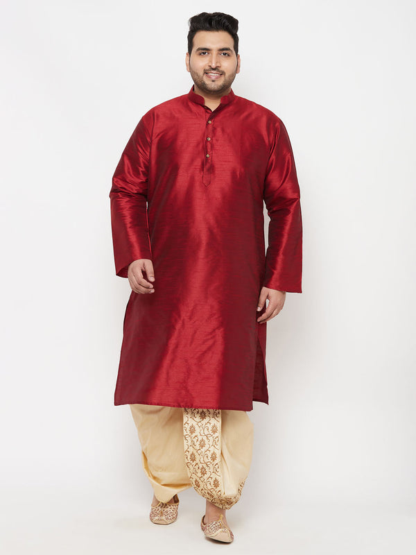 Jashvi Men's Plus Size Maroon Silk Blend Kurta And Gold Dhoti Set