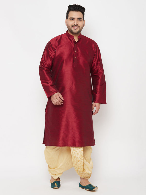 Jashvi Men's Plus Size Maroon Silk Blend Kurta And Gold Dhoti Set