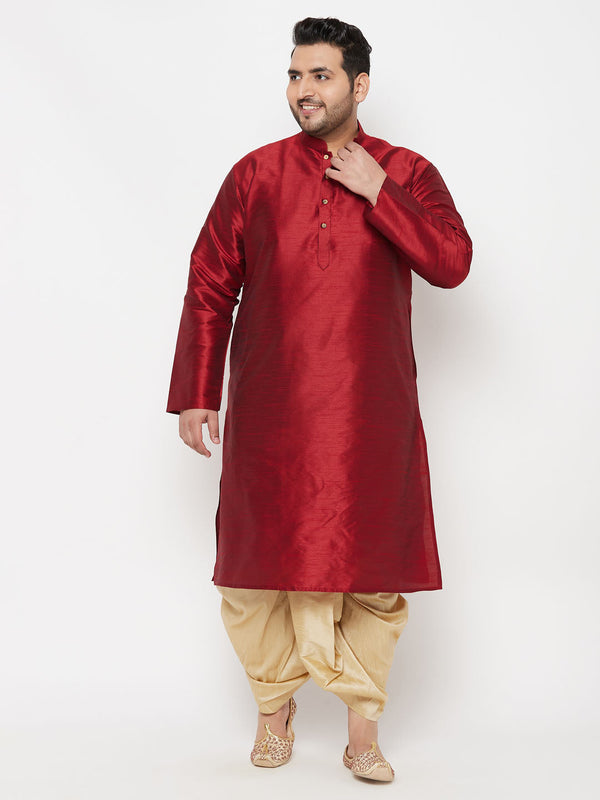 Jashvi Men's Plus Size Maroon Silk Blend Kurta And Gold Dhoti Set