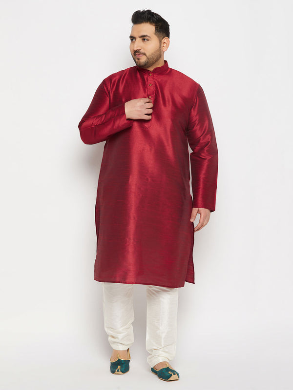 Jashvi Men's PLus Size Maroon Silk Blend Kurta and Cream Pant Style Pyjama Set