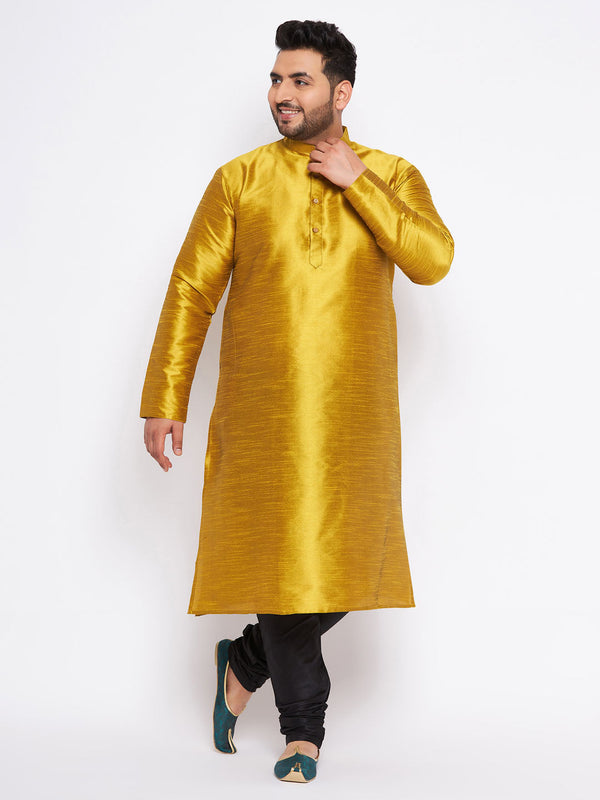 Jashvi Men's Plus Size Mustard Silk Blend Kurta And Black Pyjama Set