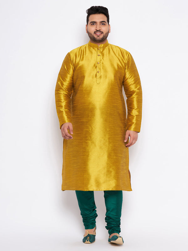 Jashvi Men's Plus Size Mustard Silk Blend Kurta And Green Pyjama Set