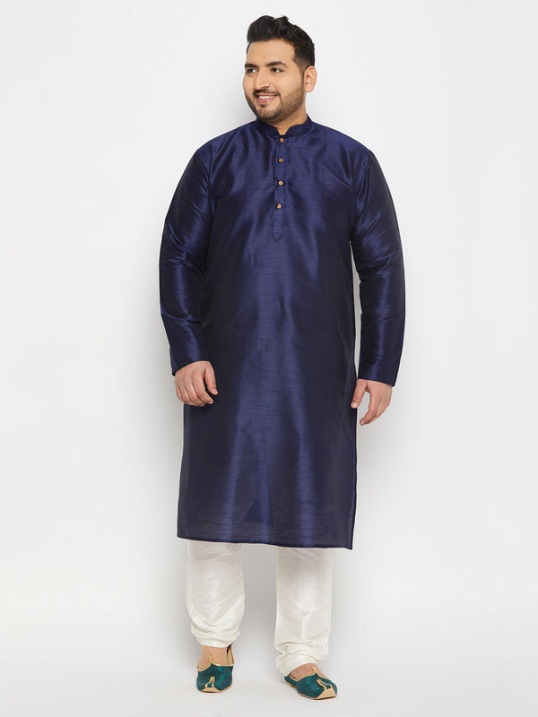 Jashvi Men's Plus Size Navy Blue Silk Blend Kurta and Cream Pant Style Pyjama Set