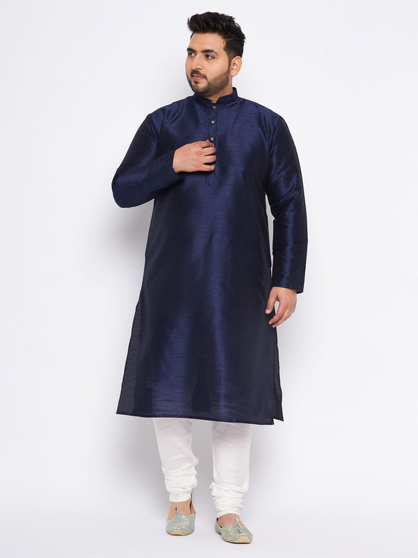 Jashvi Men's Plus Size Navy Blue Silk Blend Kurta and Cream Pyjama Set