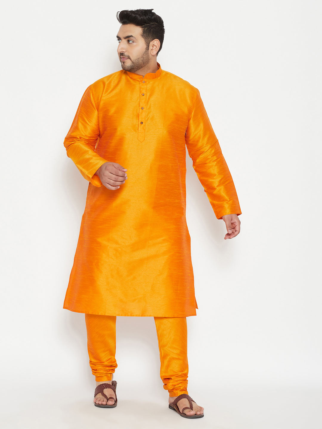 Men's Plus Orange Silk Blend Kurta Pyjama Set - Vastramay