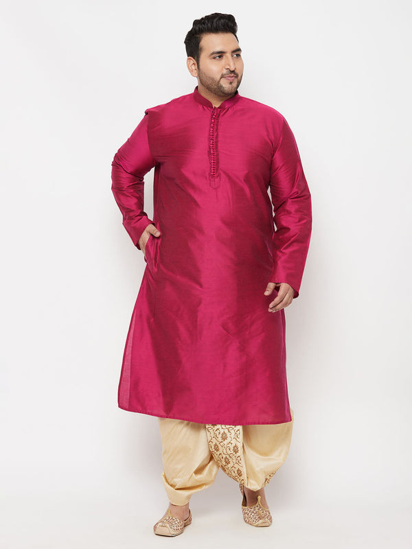 Jashvi Men's Plus Size Fuchsia Silk Blend Kurta And Gold Dhoti Set