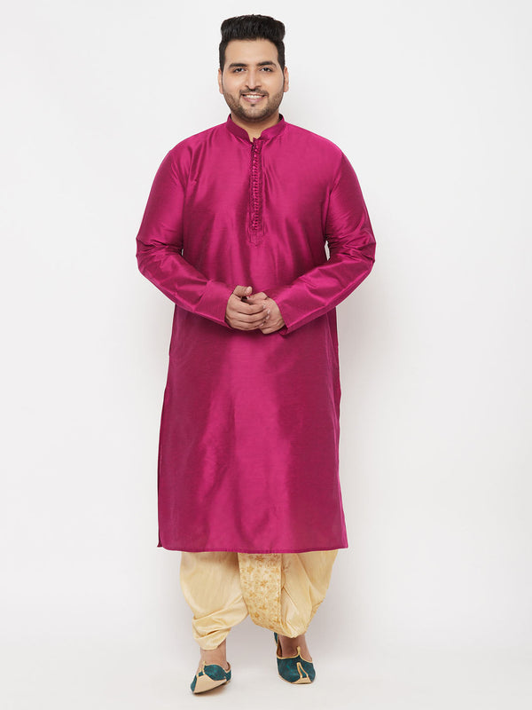 Jashvi Men's Plus Size Fuchsia Silk Blend Kurta And Gold Dhoti Set