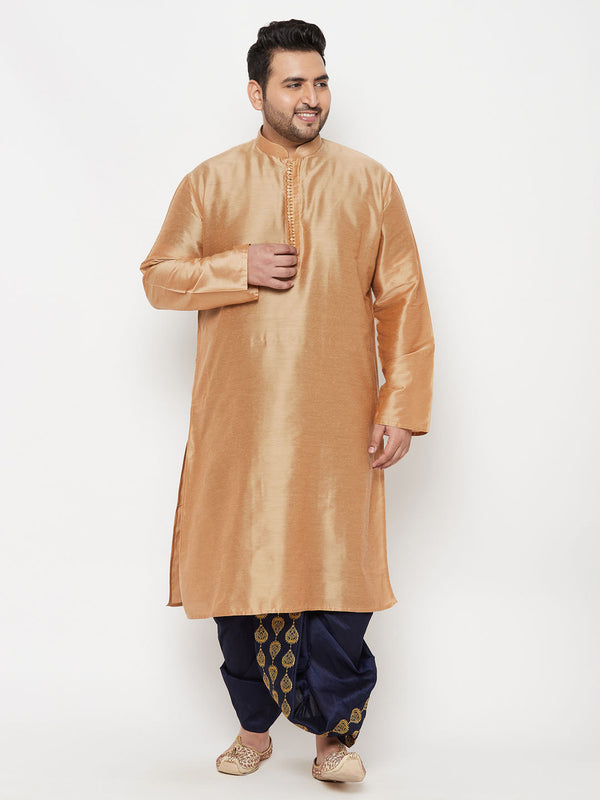 Jashvi Men's Plus Size Viscose Rose Gold Silk Blend Kurta And Navy Blue Dhoti Set