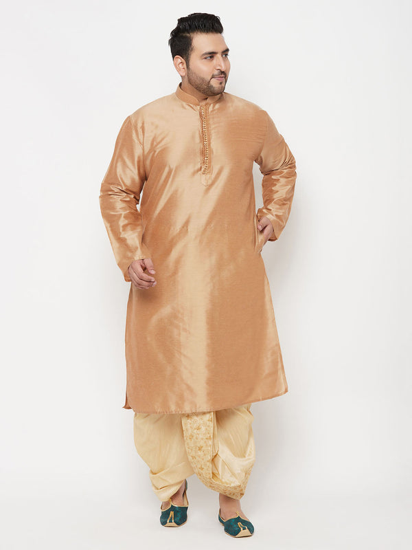 Jashvi Men's Plus Size Rose Gold Silk Blend Kurta And Gold Dhoti Set