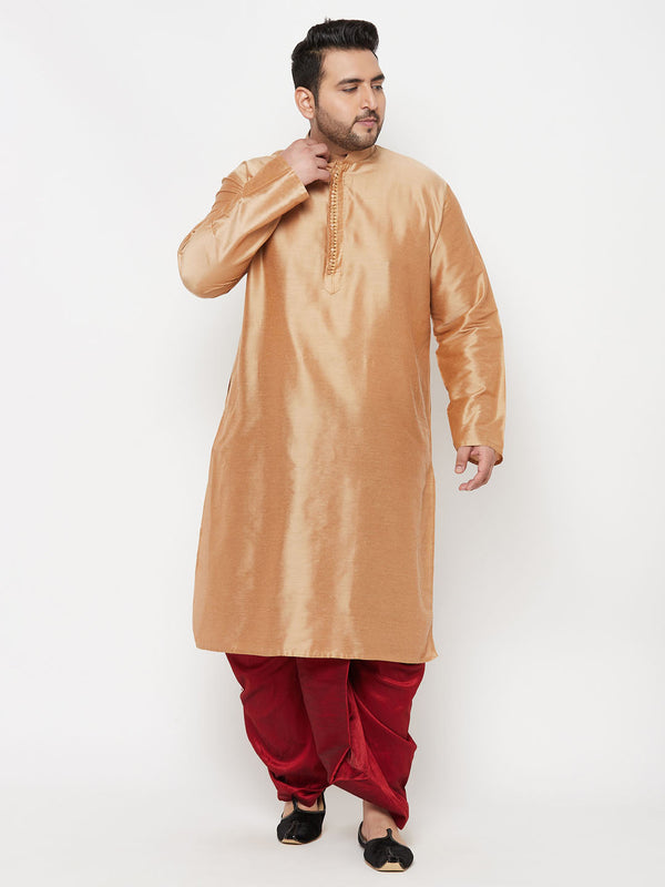 Jashvi Men's Plus Size Rose Gold Silk Blend Kurta And Maroon Solid Dhoti Set