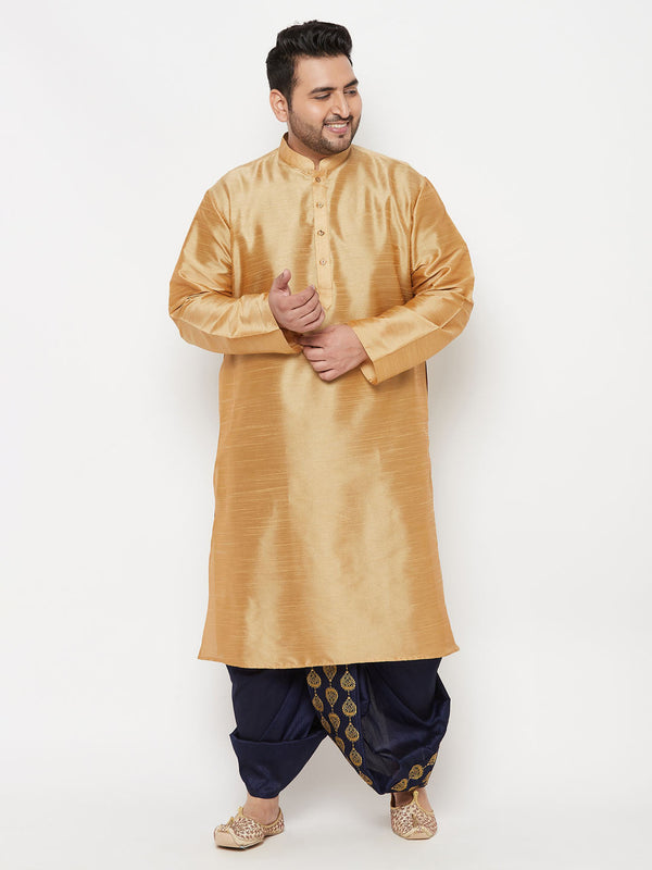 Jashvi Men's Plus Size Rose Gold Silk Blend Kurta And Navy Blue Dhoti Set