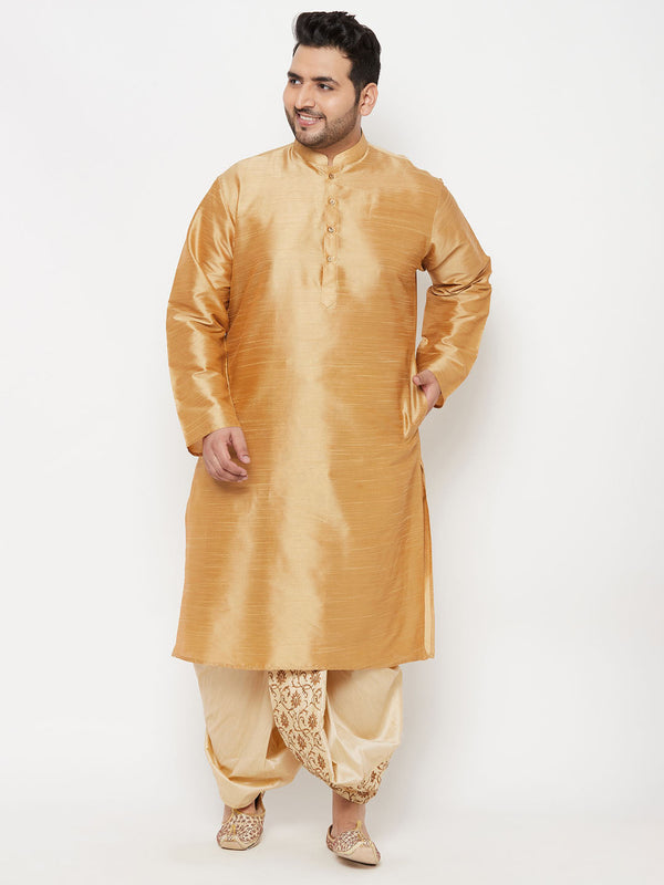 Jashvi Men's Plus Size Rose Gold Silk Blend Kurta And Gold Dhoti Set