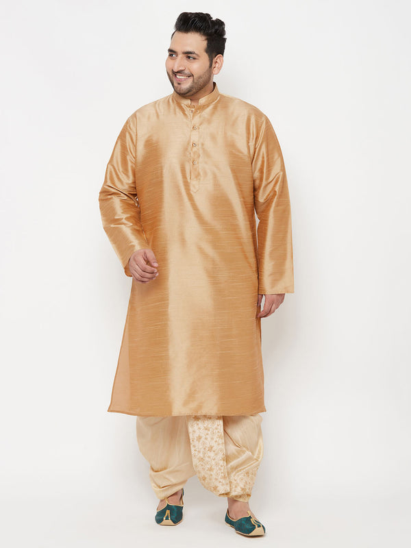 Jashvi Men's Plus Size Rose Gold Silk Blend Kurta And Gold Dhoti Set