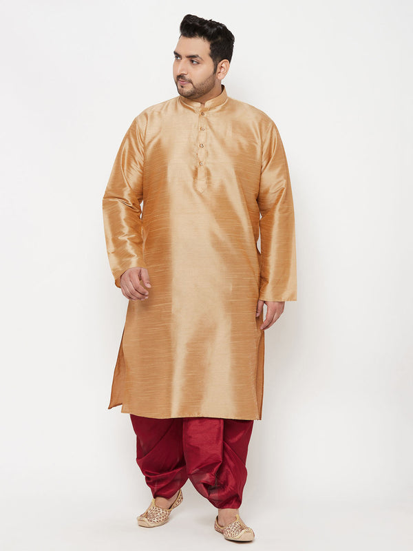 Jashvi Men's Plus Size Rose Gold Silk Blend Kurta And Maroon Solid Dhoti Set