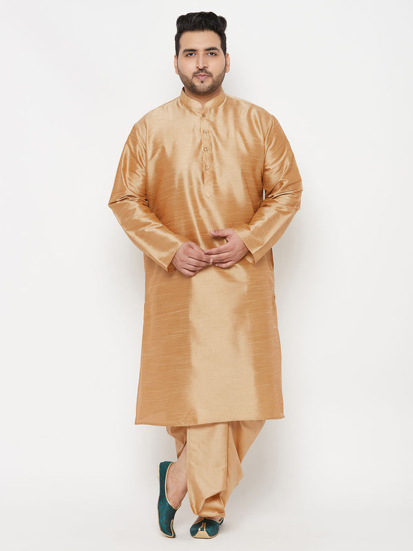 Jashvi Men's Plus Size Rose Gold Silk Blend Kurta And Rose Gold Dhoti Set