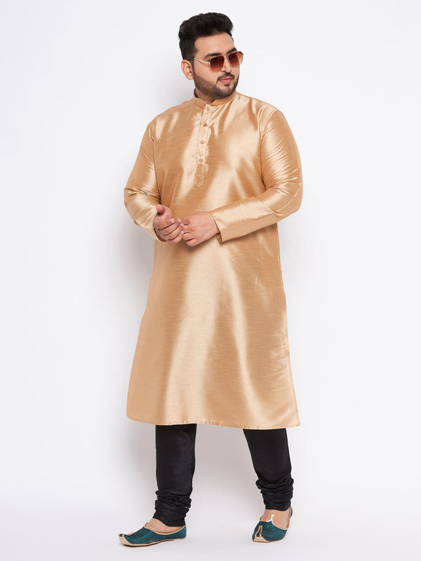 Jashvi Men's Plus Size Rose Gold Silk Blend Kurta And Black Pyjama Set