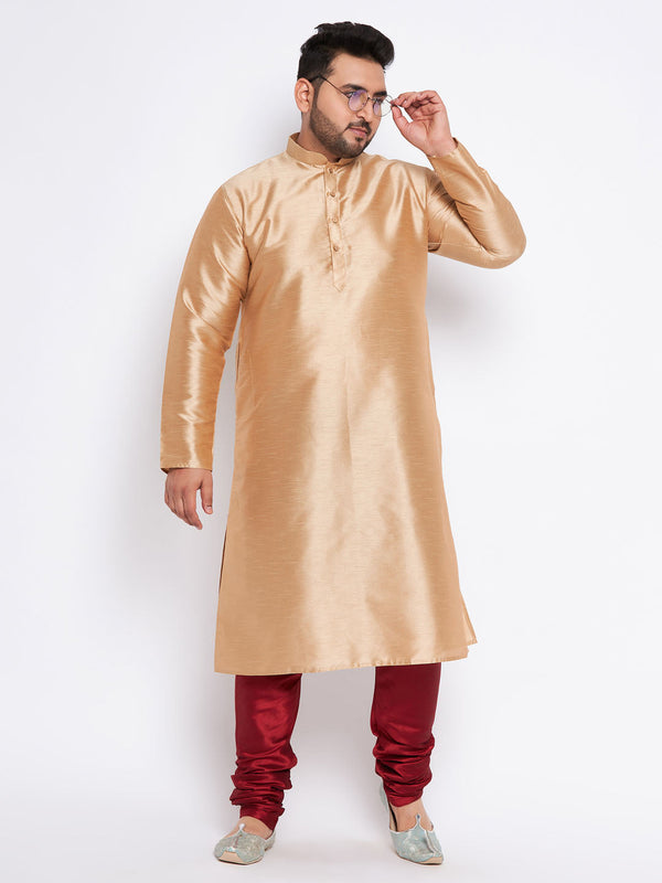 Jashvi Men's Plus Size Rose Gold Silk Blend Kurta And Maroon Pyjama Set