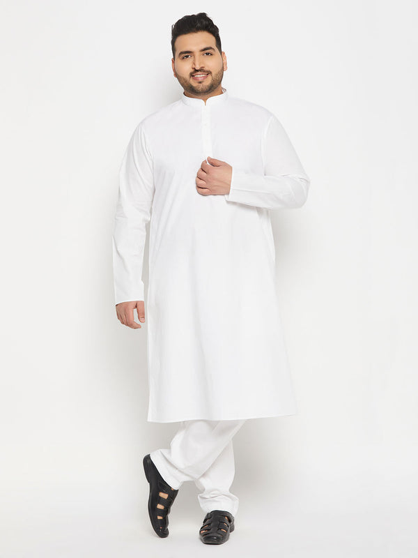 Jashvi Men's Plus Size White Cotton Blend Kurta And Cotton Pant Style Pyjama Set