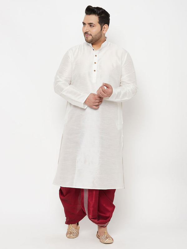 Jashvi Men's Plus Size White Silk Blend Kurta And Maroon Dhoti Set