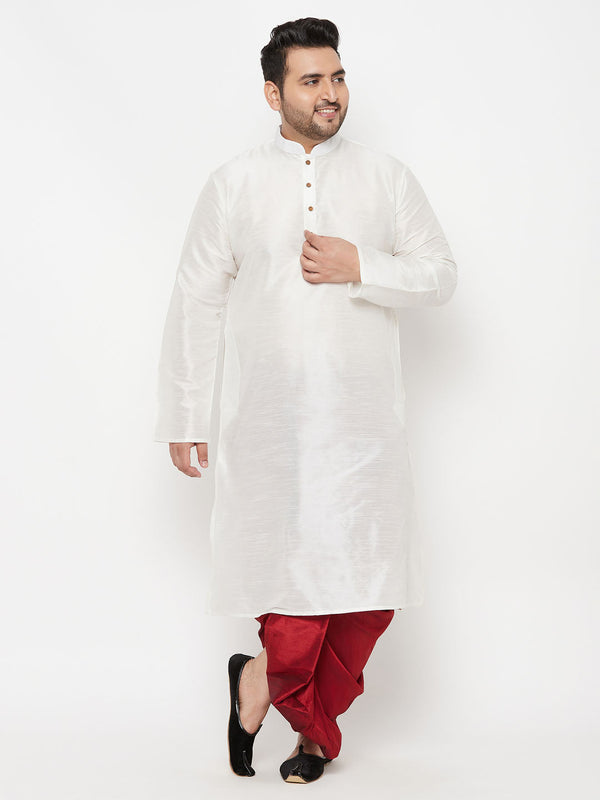 Jashvi Men's Plus Size White Silk Blend Kurta And Maroon Solid Dhoti Set