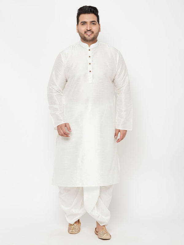 Jashvi Men's Plus Size White Cotton Blend Kurta And White Dhoti Set