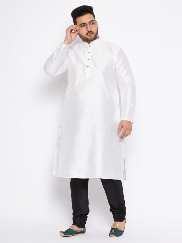 Jashvi Men's Plus Size White Silk Blend Kurta And Black Pyjama Set