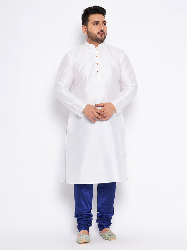 Jashvi Men's Plus Size White Silk Blend Kurta And Blue Pyjama Set