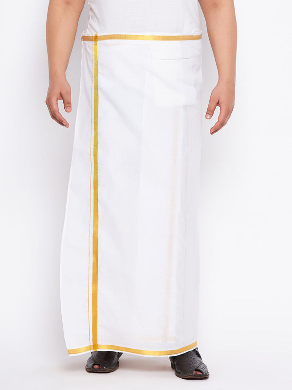 Jashvi Men's Plus Size White And Gold Dhoti/Mundu/Vesty