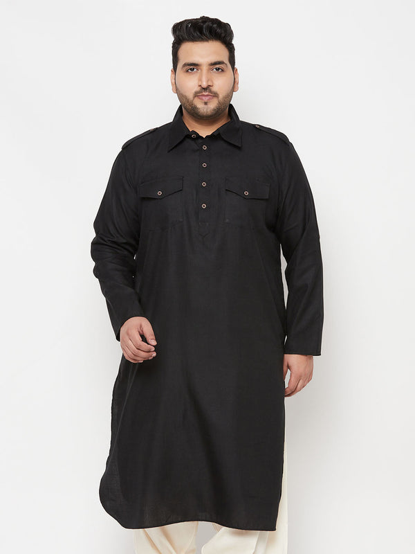 Jashvi Men's Plus Size Black Cotton Blend Pathani Kurta