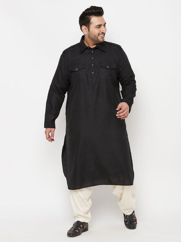 Jashvi Men's Plus Size Black and Cream Cotton Blend Pathani Set