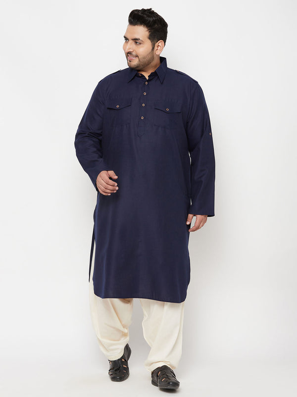 Jashvi Men's Plus Size Blue and Cream Cotton Blend Pathani Set