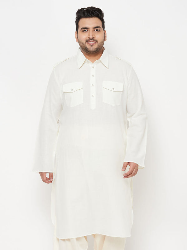 Jashvi Men's Plus Size Cream Cotton Blend Pathani Kurta