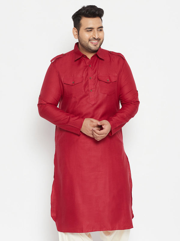 Jashvi Men's Plus Size Maroon Cotton Blend Pathani Kurta