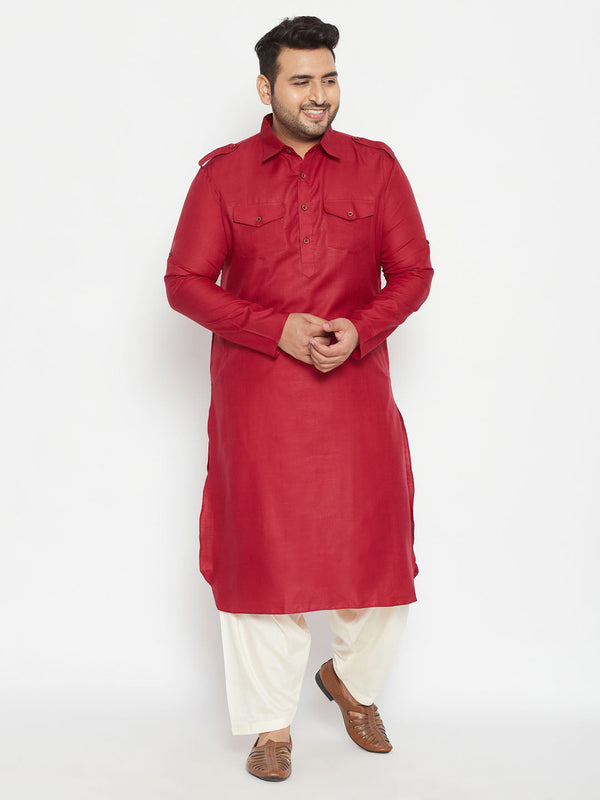 Jashvi Men's Plus Size Maroon and Cream Cotton Blend Pathani Set