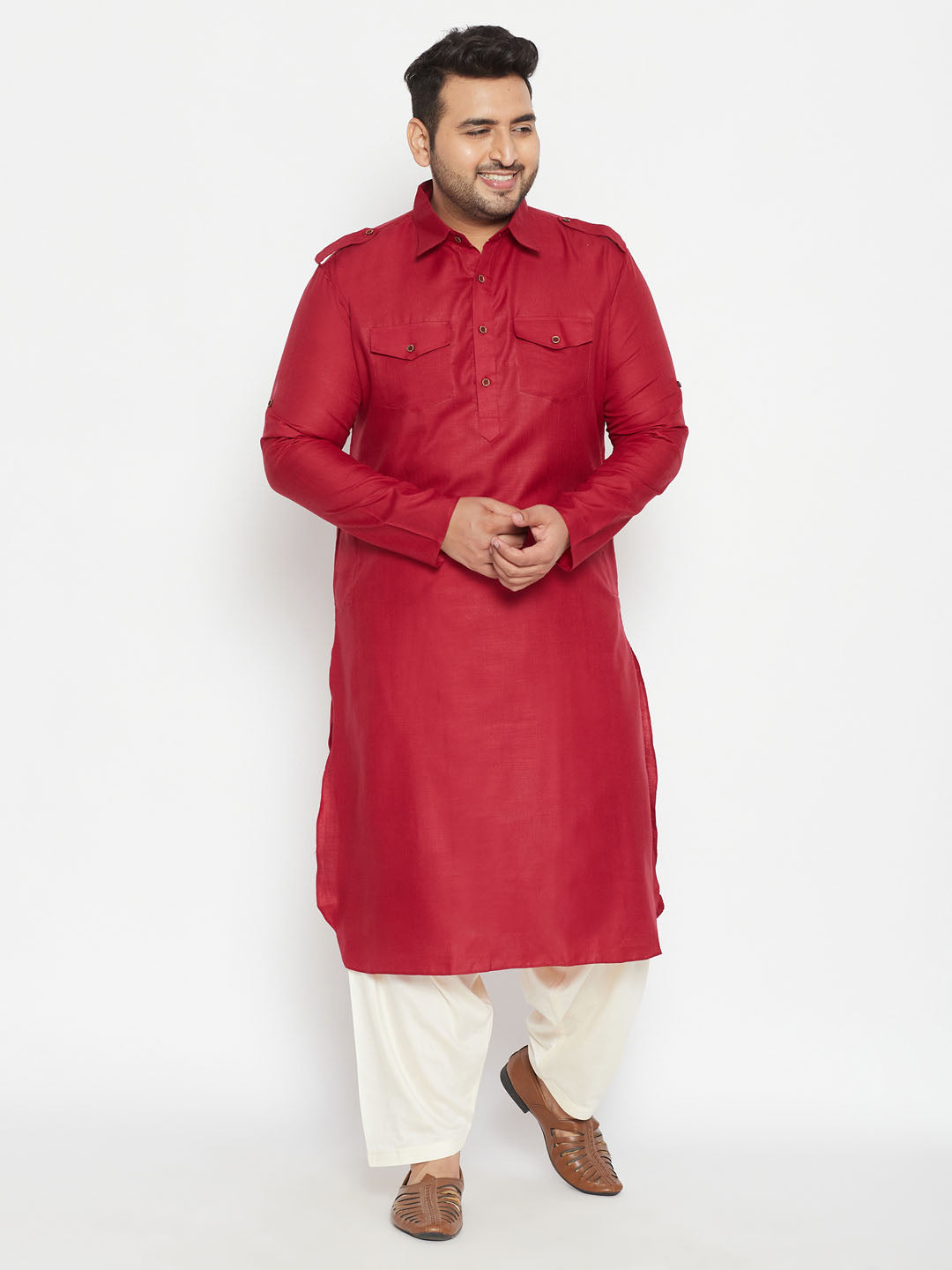 Men's Plus Maroon And Cream Cotton Blend Pathani Set - Vastramay