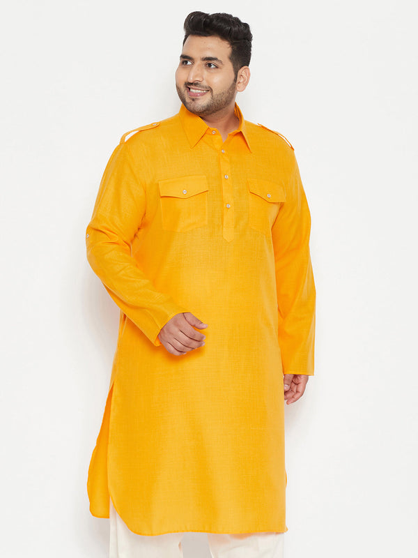 Jashvi Men's Plus Size Mustard Cotton Blend Pathani Kurta