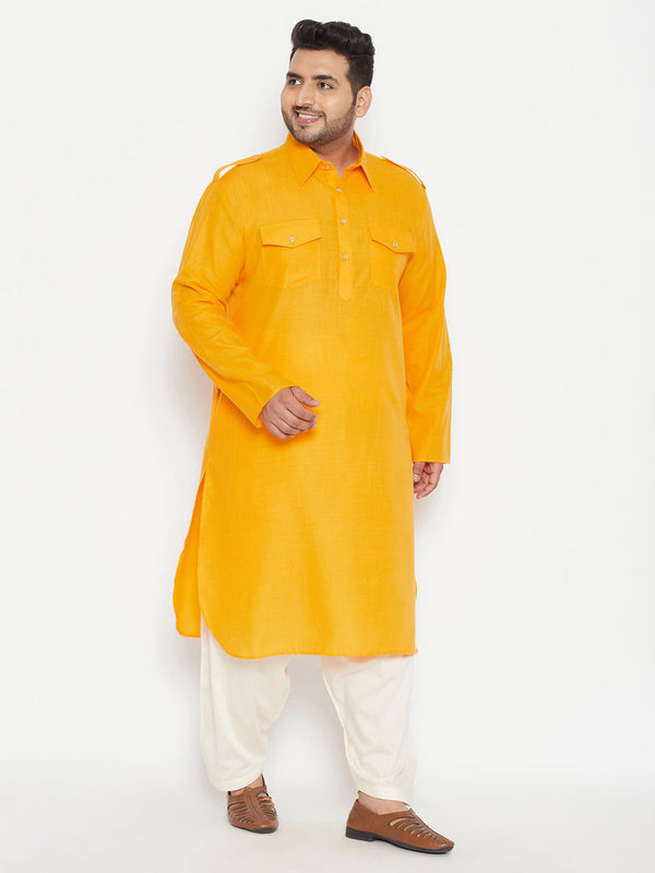 Jashvi Men's Plus Size Mustard and Cream Cotton Blend Pathani Set