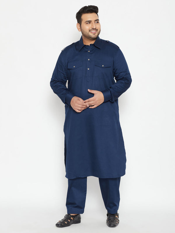 Jashvi Men's Plus Size Blue Cotton Blend Pathani Set