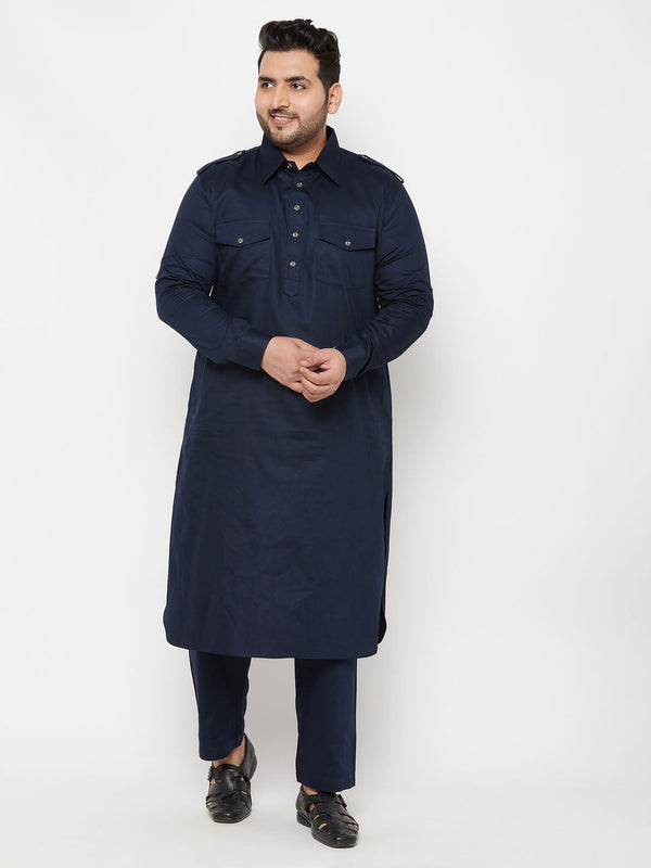 Jashvi Men's Plus Size Blue Cotton Blend Pathani Kurta