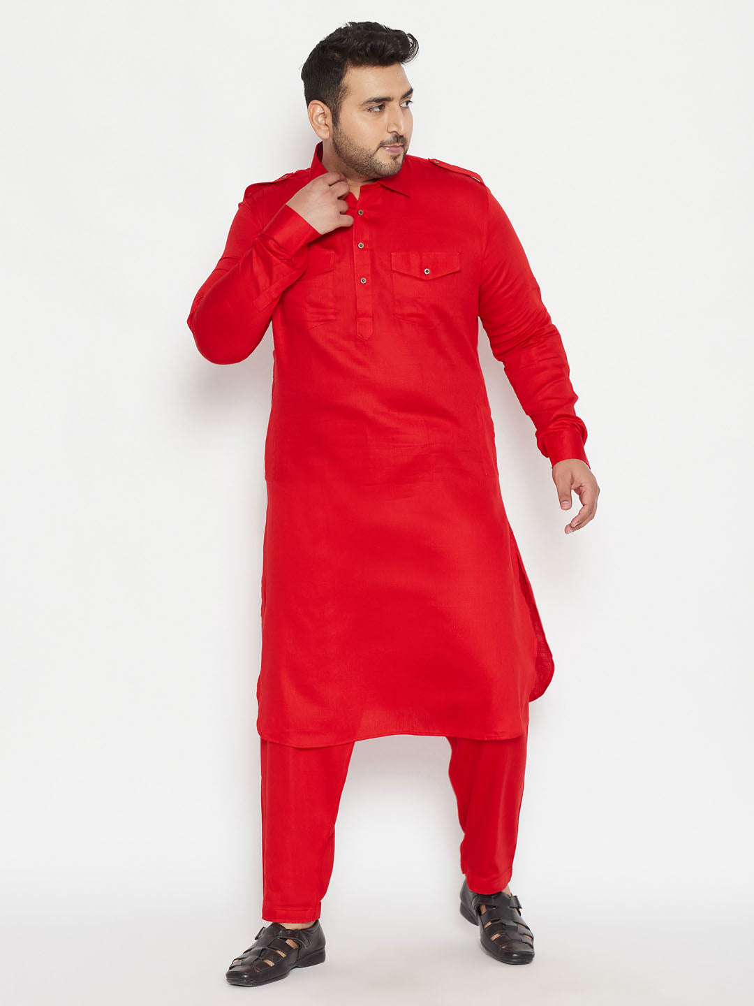 Men's Plus Red Cotton Blend Pathani Set - Vastramay