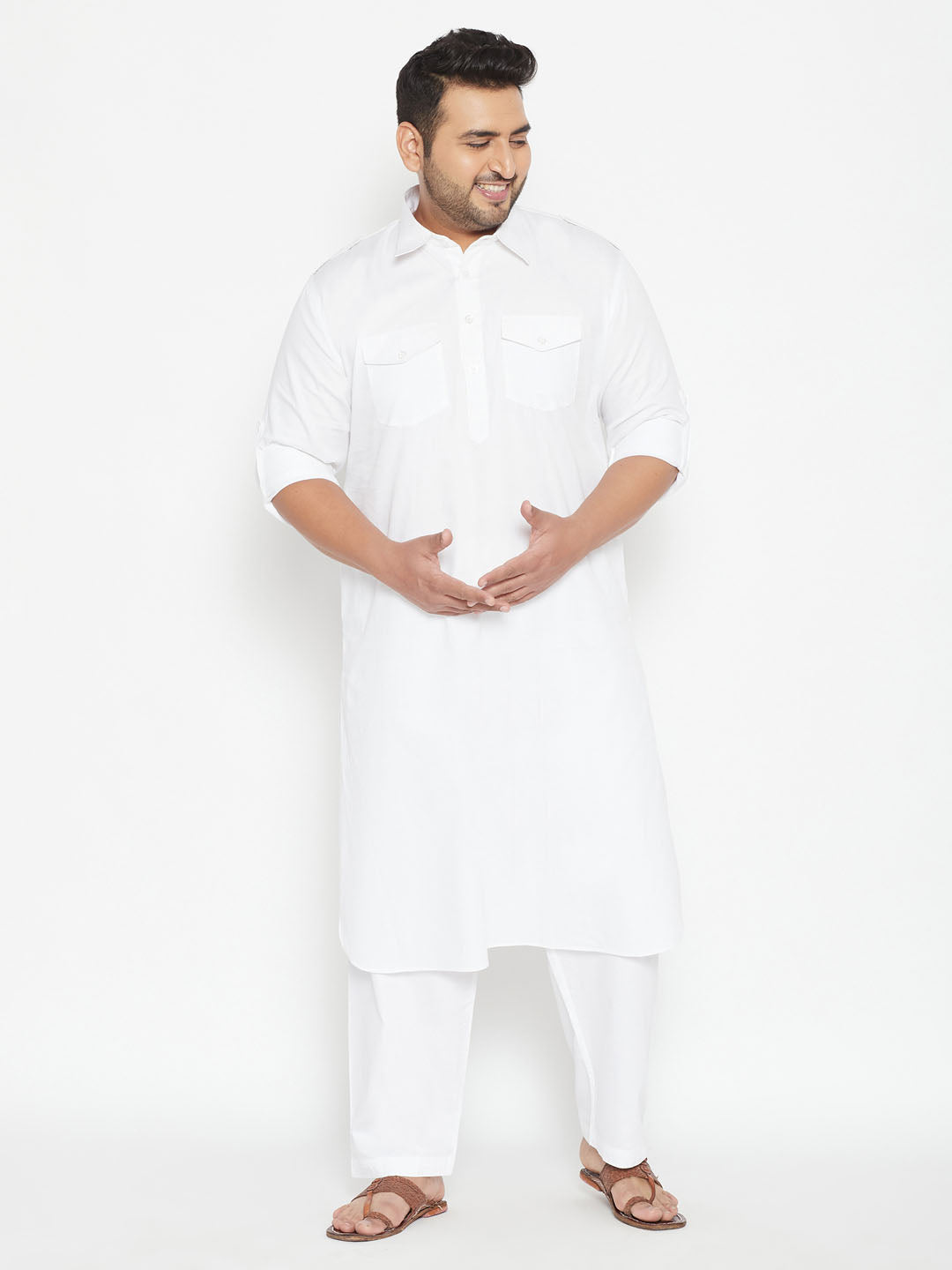 Men's Plus White Cotton Blend Pathani Set - Vastramay