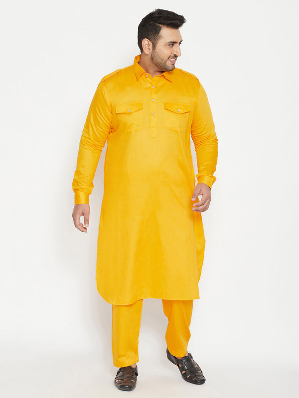 Jashvi Men's Plus Size Yellow Cotton Blend Pathani Set