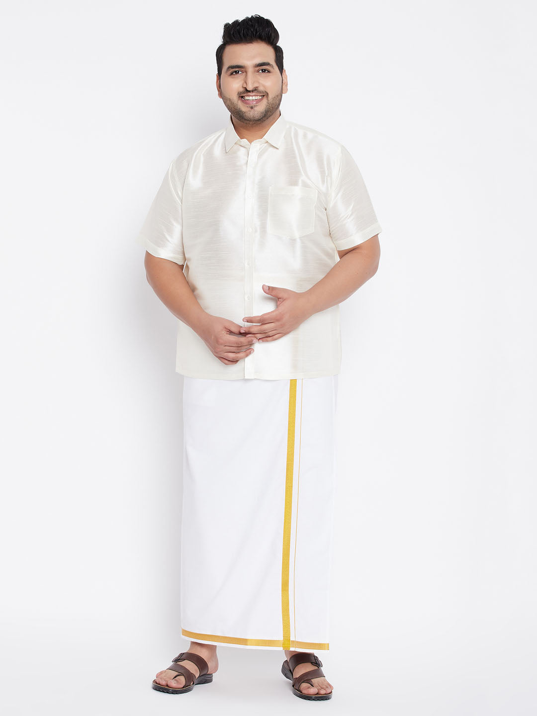 Men's Plus Cream And White Silk Blend Shirt And Mundu Set - Vastramay