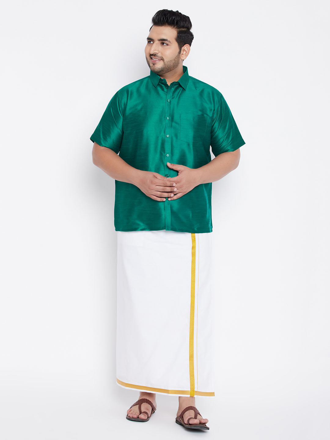 Men's Plus Green And White Silk Blend Shirt And Mundu Set - Vastramay