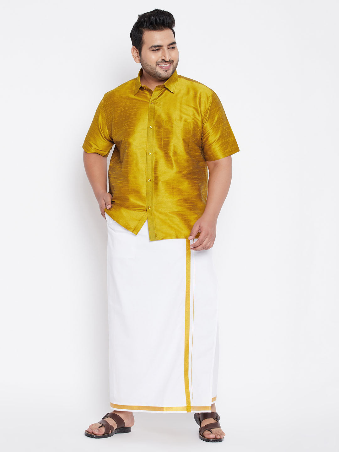 Men's Plus Mustard And White Silk Blend Shirt And Mundu Set - Vastramay