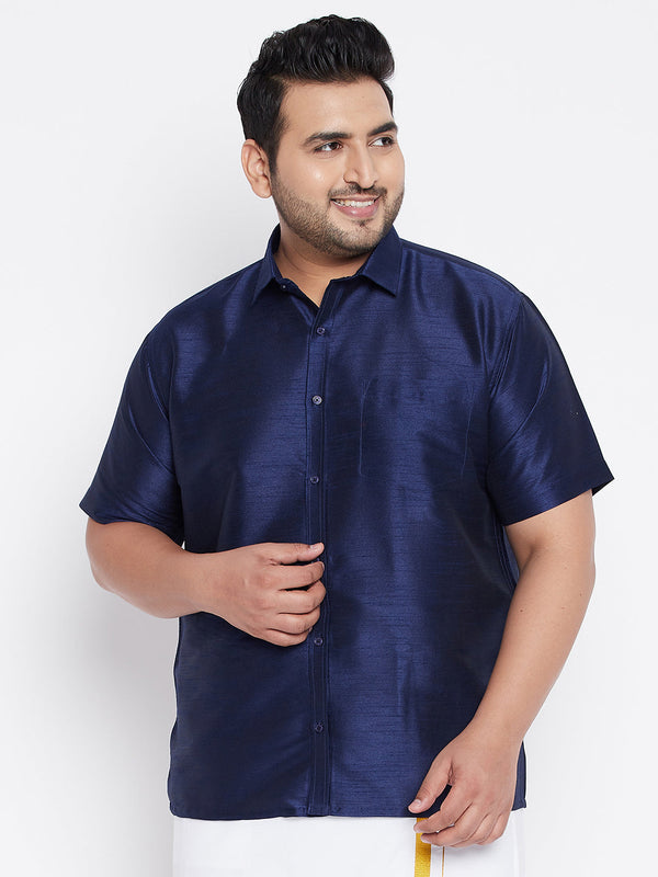 Jashvi Men's Plus Size Navy Blue Silk Blend Ethnic Shirt