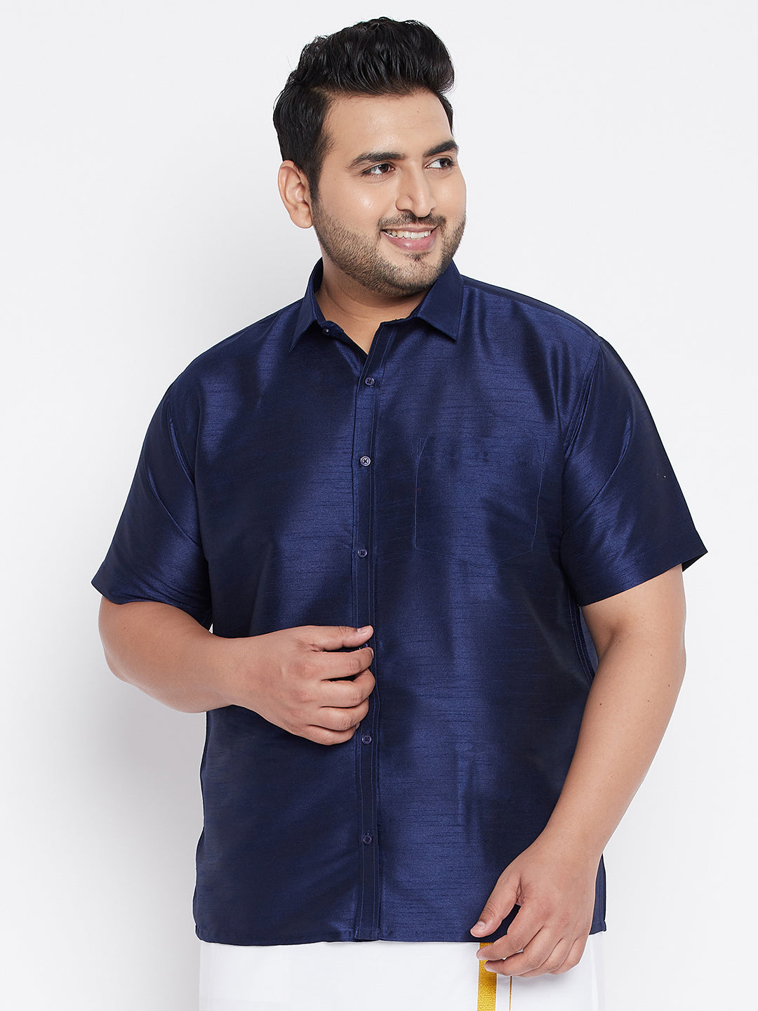 Men's Plus Navy Blue Silk Blend Ethnic Shirt - Vastramay