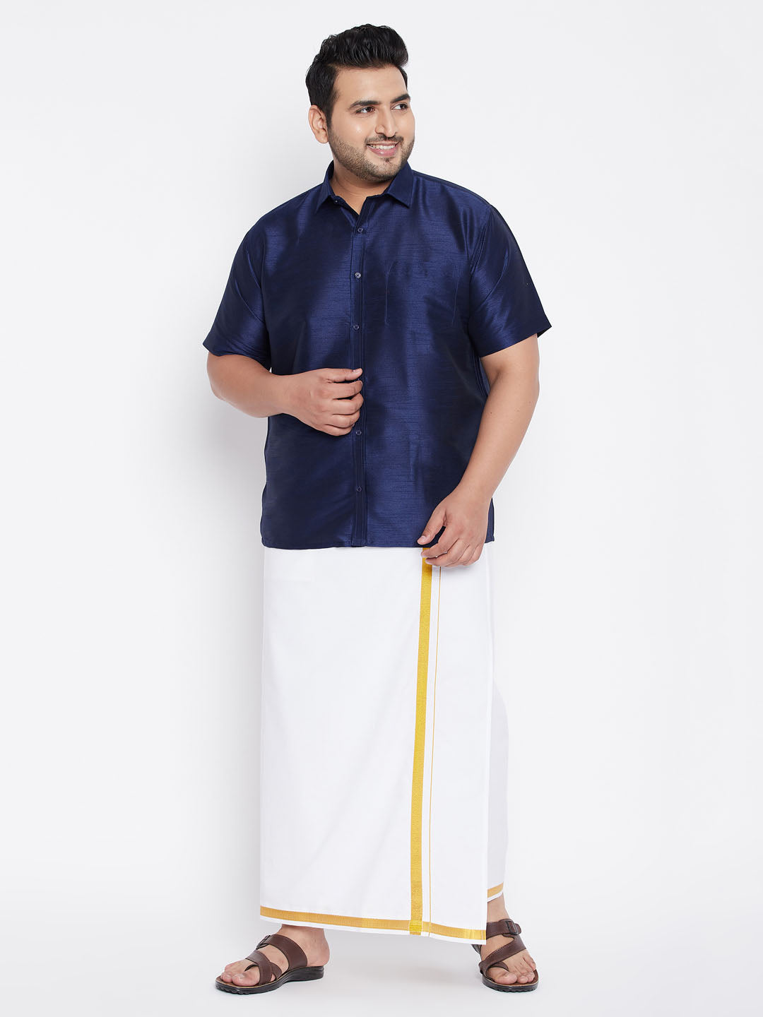 Men's Plus Navy Blue And White Silk Blend Shirt And Mundu Set - Vastramay